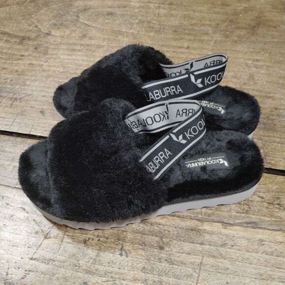 UGG Fluff Sz 6 Slippers Black Slides Faux Fur Shoes Sling Back Open Toe - Picture 2 of 6